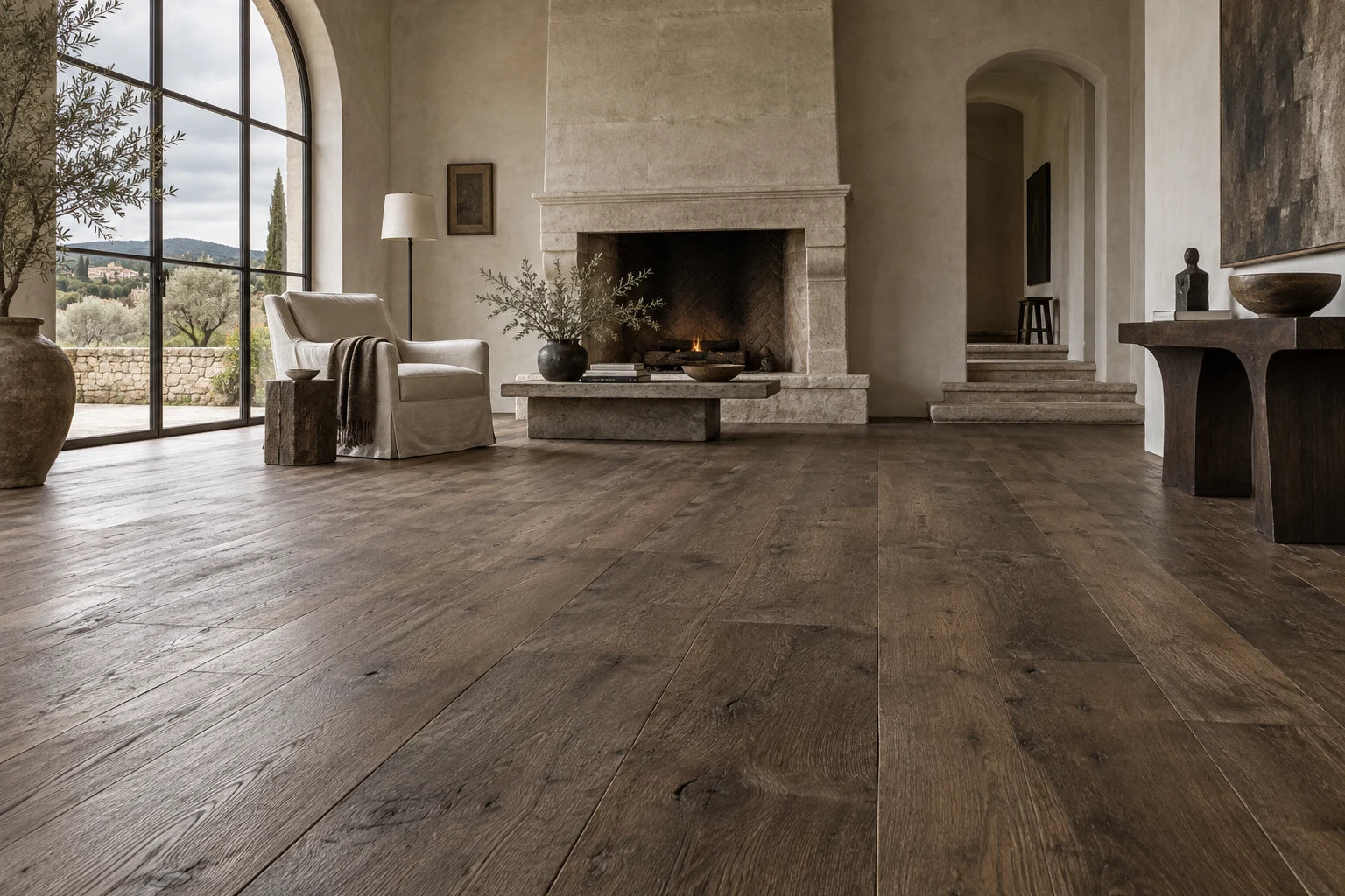 Concept room with textured aged-looking oak boards and pale plaster walls