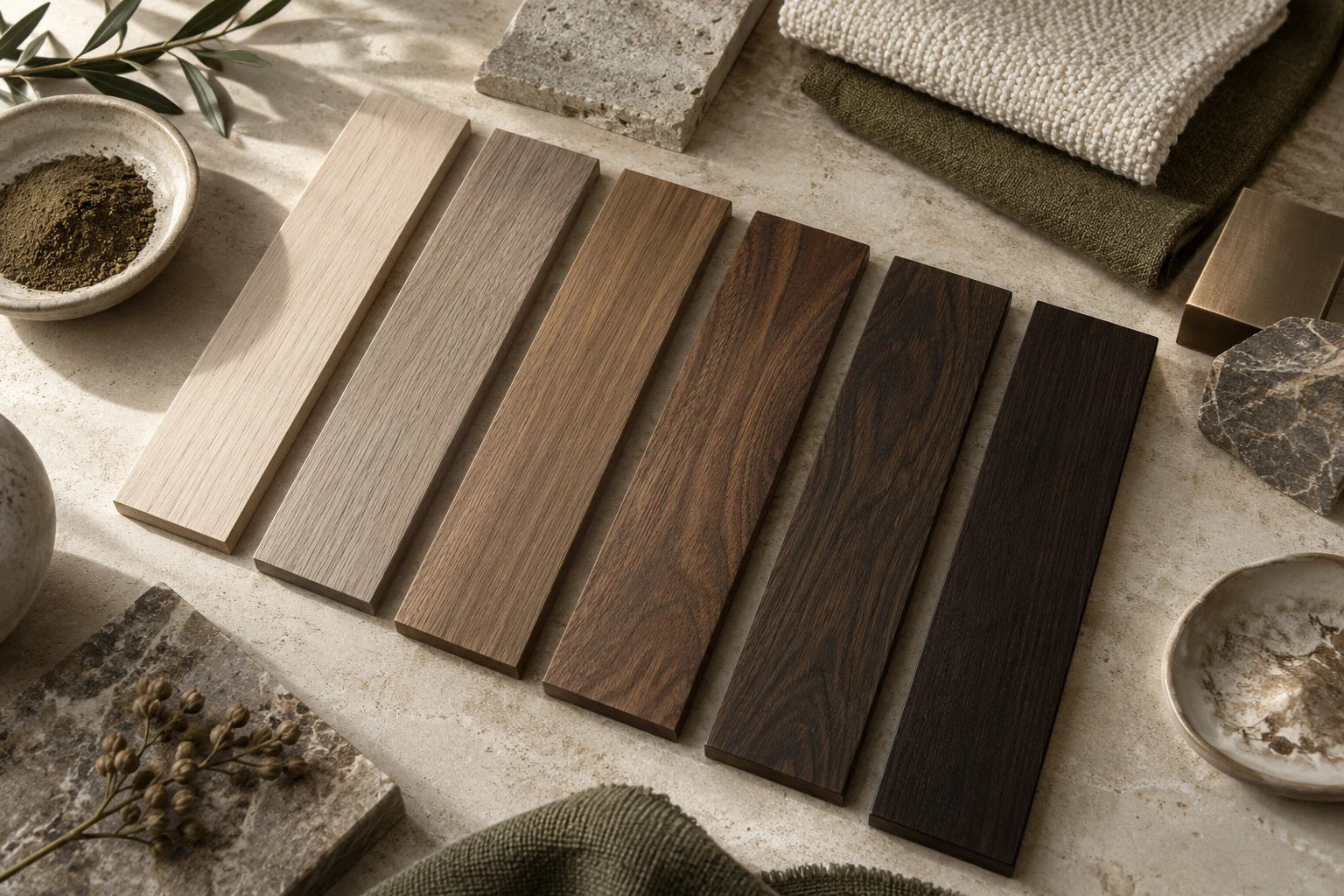 Concept material palette with wood, stone, fabric and bronze
