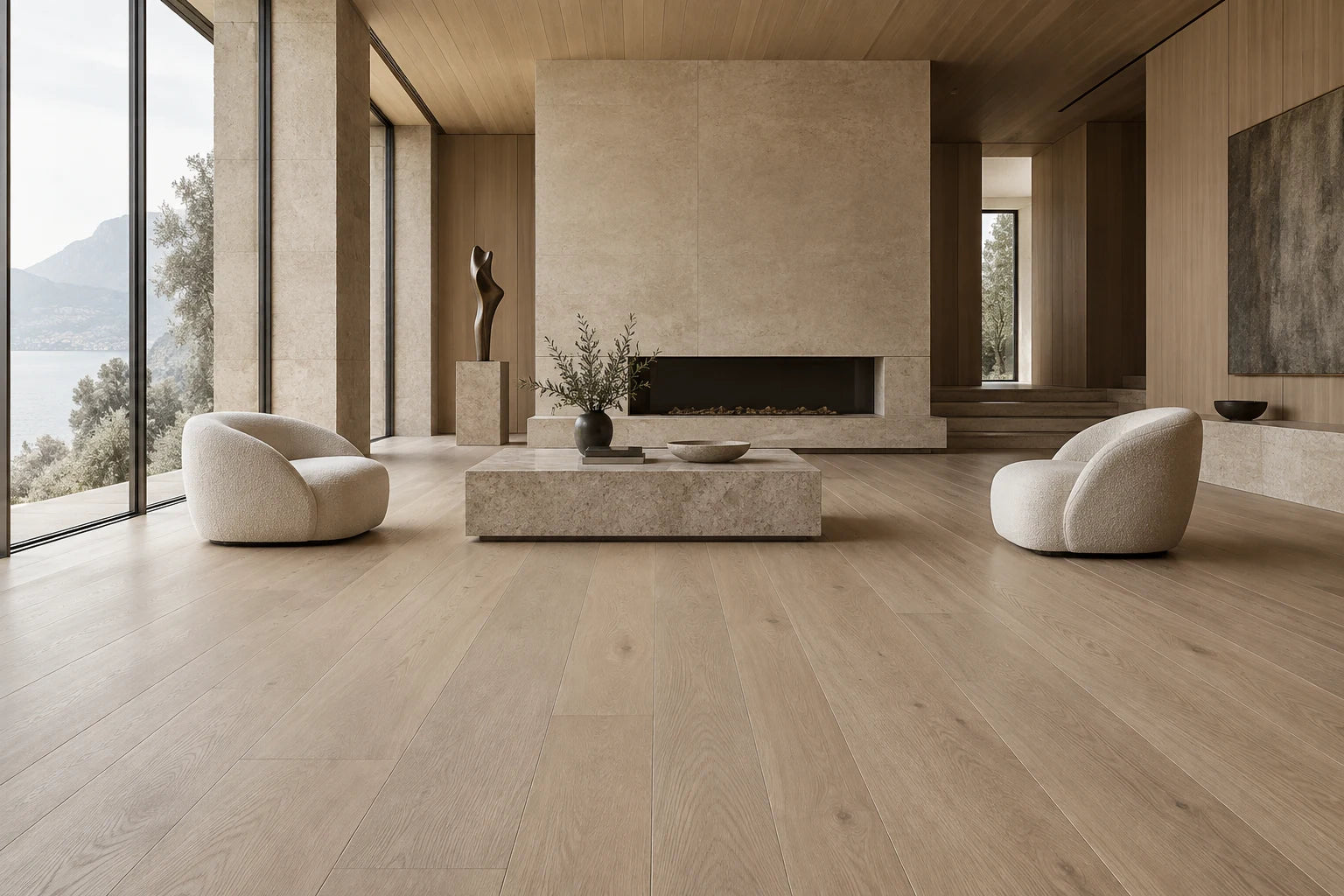 Concept interior with pale wood flooring, wall panelling and a wood ceiling