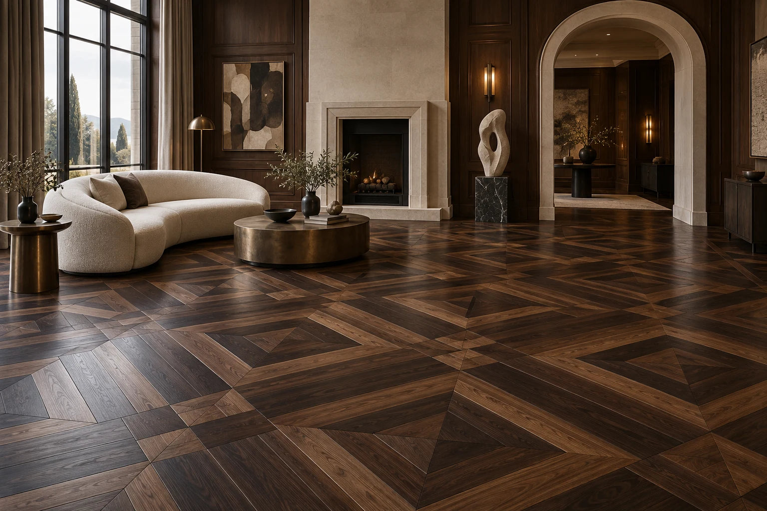 Concept salon with a dark geometric parquet floor and wood wall panelling